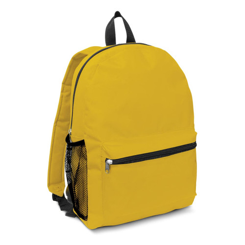 A yellow backpack with a front zip pocket and a side mesh pocket. It has a black strap and detailing.