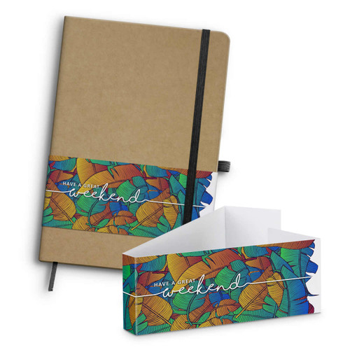 A colourful, patterned notebook in natural brown with an elastic closure and a matching gift box.
