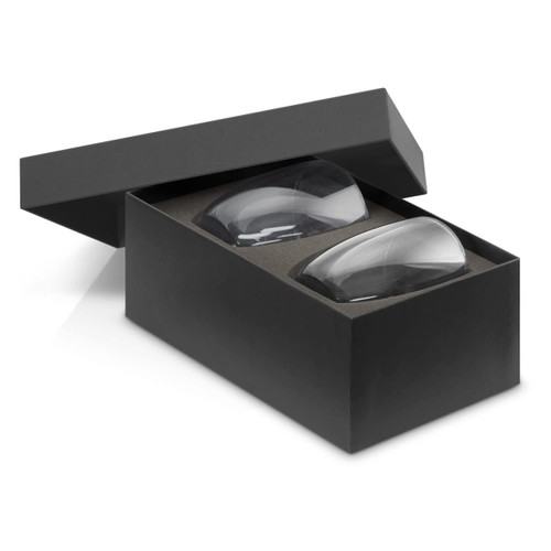 A black box containing two double wall glass tumblers, showcasing a sleek, modern design.