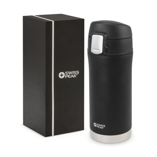 A drink bottle with a sleek black finish and a white base, accompanied by a stylish black box, featuring a logo.