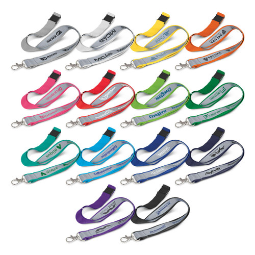 A variety of reflector lanyards in multiple colours, each featuring different logos or branding.