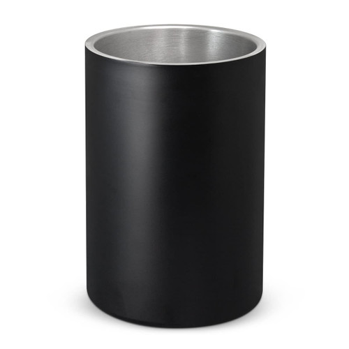 A drink bottle in a sleek black exterior with a silver interior, featuring a smooth cylindrical design and a logo.