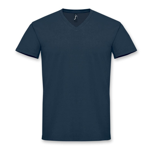 A dark blue men's V-neck T-shirt with short sleeves and a logo on the neckline.