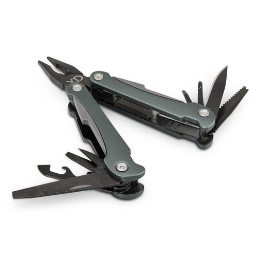 A multi-tool in dark grey with pliers, knife blades, and various other tools, featuring a logo.