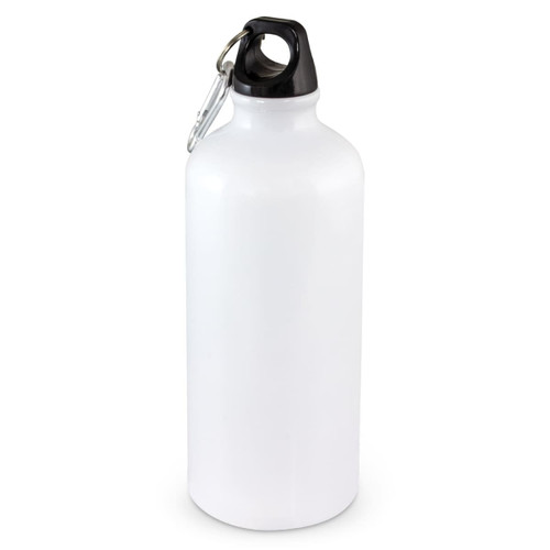 A drink bottle with a white body and black cap, featuring a carabiner for attachment. Holds 600ml.