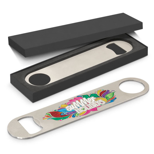 A drink bottle opener in silver, featuring a colourful design, placed inside a black gift box.