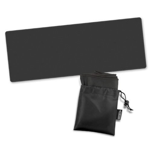 A black RPET cooling towel folded in a compact pouch. The pouch features a drawstring closure.