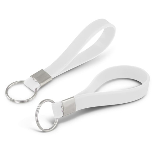 A white silicone key ring featuring a debossed design and a metal keyring attachment.
