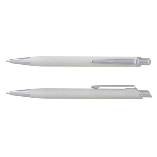 A metal pen in a light green shade with silver accents and a logo feature. Two pens are displayed.