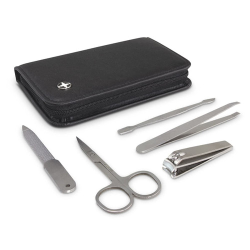 A black zippered case containing a manicure set with scissors, clippers, a file, and tweezers.