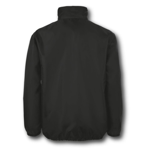 A black windbreaker jacket with a high collar and elasticated hem, featuring a logo on the back.