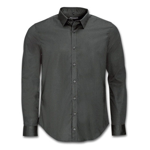 A button-up long sleeve shirt in black, featuring a collar and a branded logo.