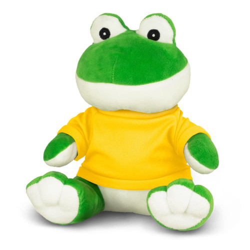 A green frog plush toy wearing a yellow shirt, seated with large, expressive eyes and white underbelly.