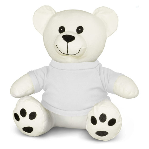 A plush toy bear in white with a friendly face and black accents, wearing a plain white shirt.