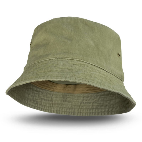 A faded olive green bucket hat with a wide brim and two ventilation holes. The interior features a contrasting lining.