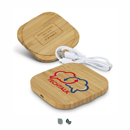 A square wireless charger made of bamboo, featuring a logo and a USB charging cable.