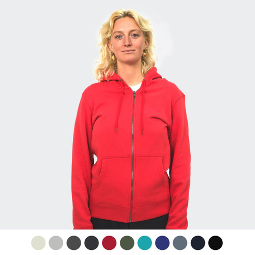 A unisex red hoodie with a front zip and kangaroo pockets, featuring a logo on the front. Available in multiple colours.