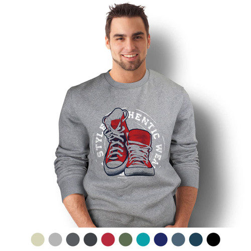 A grey unisex sweatshirt featuring a graphic of red and grey sneakers, with a logo on the front. Available in various colours.