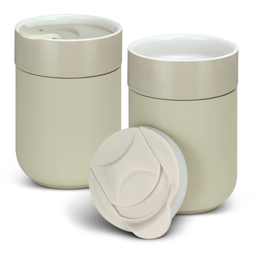 Two light beige ceramic coffee cups with lids, featuring a logo on the surface.
