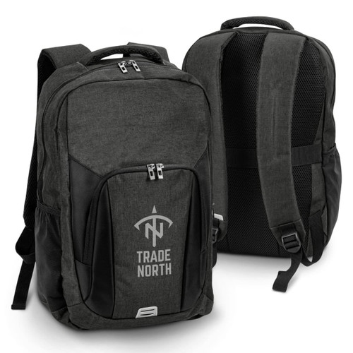 A dark green backpack with black detailing and a logo on the front, featuring adjustable straps and multiple compartments.
