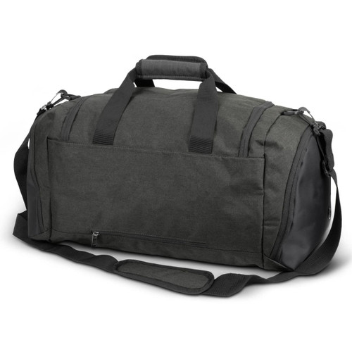 A dark green duffle bag with black accents, featuring sturdy handles and a detachable shoulder strap.