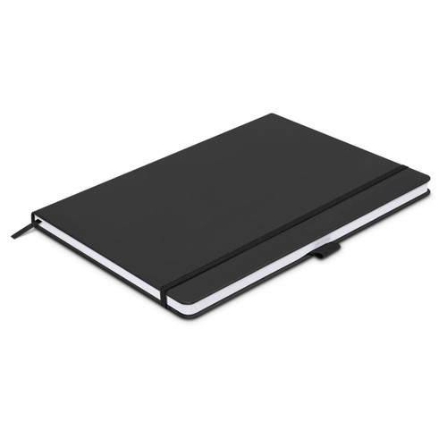 A large black hardcover notebook with a ribbon bookmark and an elastic closure, featuring a simple design and branding.