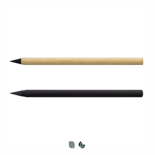 Two inkless pens, one in natural kraft and the other in black, displayed side by side with a logo below.