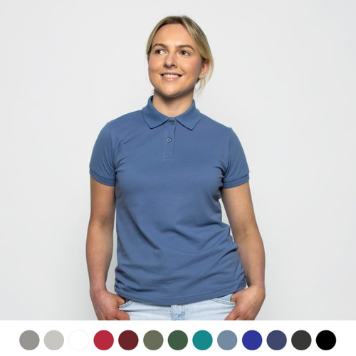 A woman wears a blue polo shirt with a collared neckline. Various colour options are displayed below.