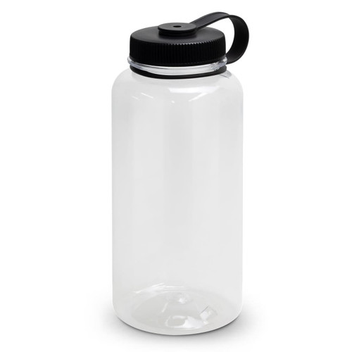 A drink bottle made of clear plastic with a black screw-on lid and a handle. It has a simple design.