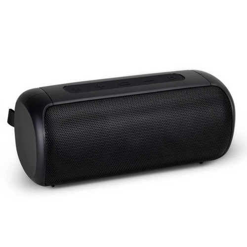 A black Bluetooth speaker with textured surface and control buttons on top, featuring a branding logo.