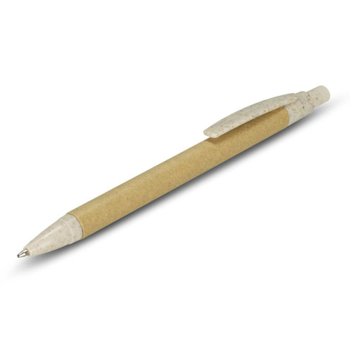 A kraft pen featuring a beige barrel and white accents, with a logo on its side.