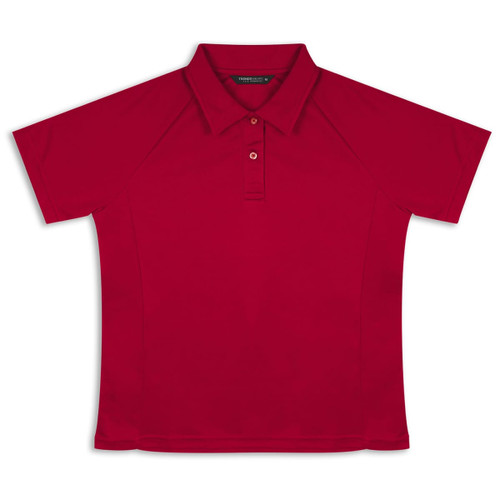A red TRENDSWEAR Ace Performance women's polo shirt featuring a collar and a logo.