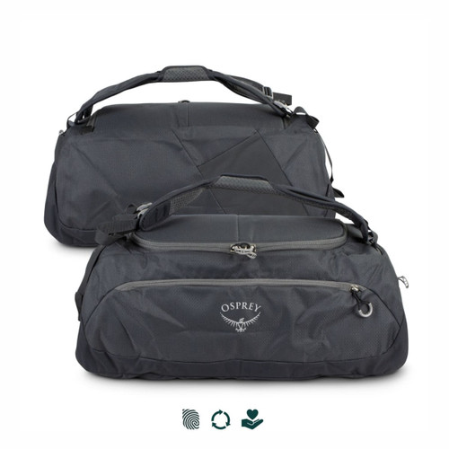 A black Osprey Daylite Duffle Bag with multiple compartments and a logo, featuring adjustable handles.