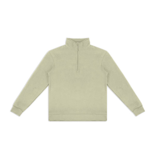A light green unisex quarter zip jumper with long sleeves and a zip detail at the neck. It features a logo.