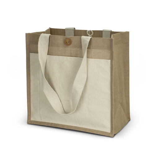 A tote bag in beige and brown, featuring sturdy handles and a button closure, with a logo on the front.