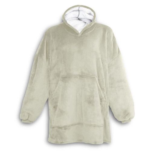 A soft, light green blanket hoodie featuring a large front pocket and a cosy, lined hood. It has a branding logo.