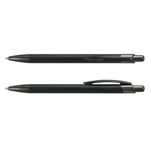 A set of black metal pens with a sleek design, featuring a logo on the barrel and a clip for convenience.