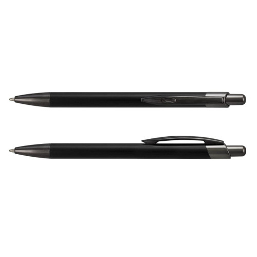 A metal pen in black with a sleek design, featuring a clip and a smooth-writing tip. It has a branding logo.