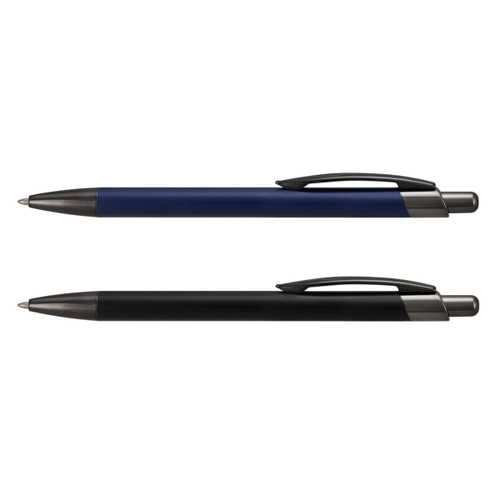 A metal pen set featuring a navy blue pen and a black pen, both with silver accents and clip designs.