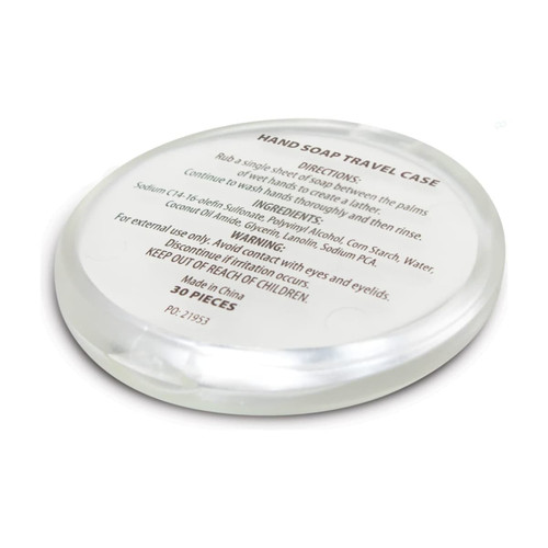 A round, clear travel case containing hand soap ingredients, with a smooth surface and a subtle sheen.