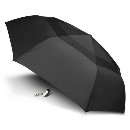 A black umbrella with a geometric design and a handle. It features a logo on the canopy.