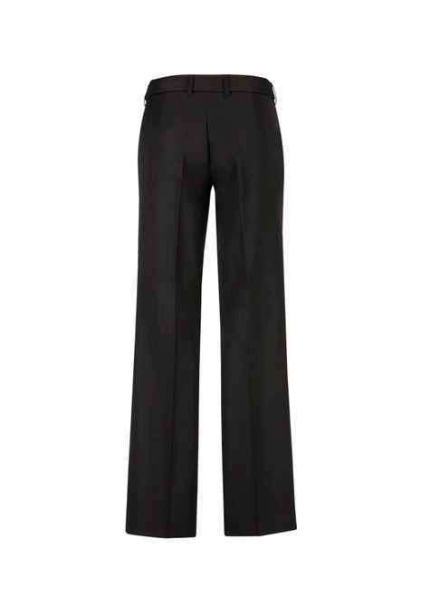 A pair of black women's slacks featuring an adjustable waist and a straight-leg design, with a logo on the waistband.