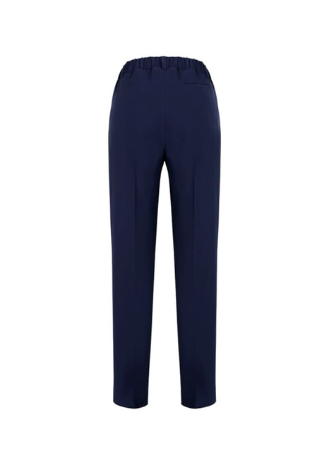 Bandless elastic waist women's pants in navy blue with a single back pocket and a regular fit. Features a logo.