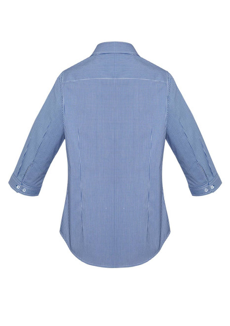A women's button-up shirt in a blue and white checkered pattern with 3/4 sleeves and a collar, featuring a logo.