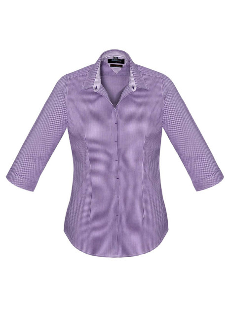 A women's button-up shirt in purple gingham pattern with 3/4 sleeves, featuring a collar and a logo.