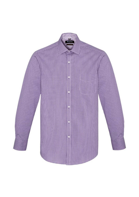 A long sleeve button-up shirt in a purple and white check pattern, featuring a pocket and a logo.