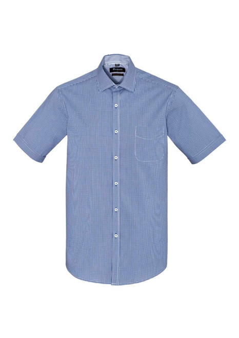 A blue and white checkered short sleeve button-up shirt with a pocket and a logo on the collar.