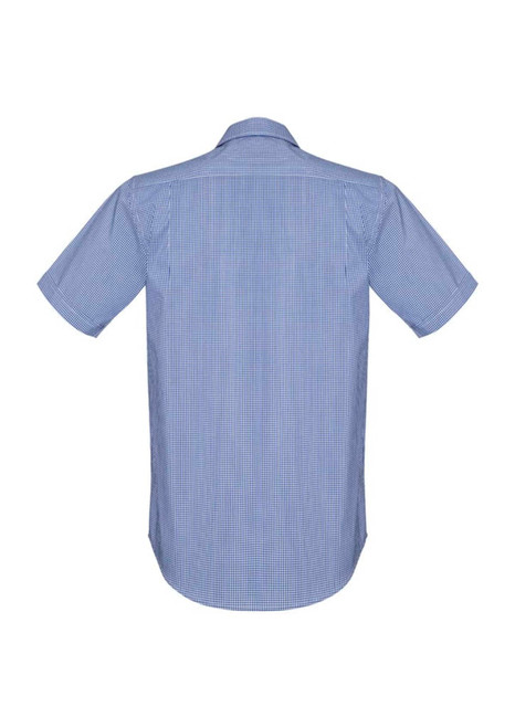 A short sleeve button-up shirt with a checkered pattern in blue and white, featuring a branded logo on the back.