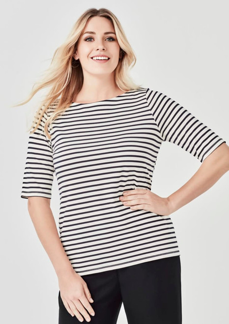 A black and white striped short sleeve T-shirt with a relaxed fit, featuring a branding logo.