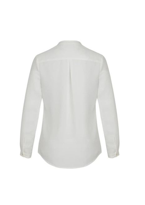A white long sleeve blouse with a button-up design and back pleat detail. The blouse features a collar and cuffs.